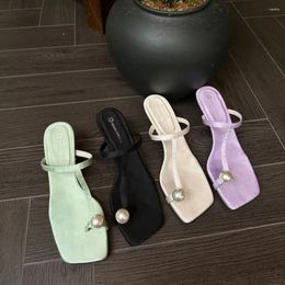 Slippers Fashion Women Black Beige Green Purple Summer Dress Shoes Thin High Heels Sexy Party Pumps Pearl Design Casual Mules