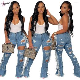 Women's Jeans Women Big Ruffles Distressed Holes Pants Button Stretchy Fashion Casual Denim Trousers