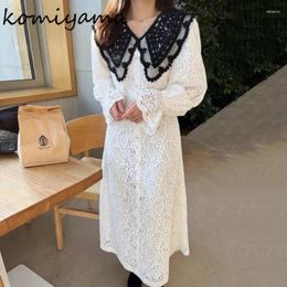 Casual Dresses Komiyama Hollow Out Lace Vestidos Mujer Contrast Lapel Neck Dress Autumn Long Sleeve Women Pearl Button Ropa