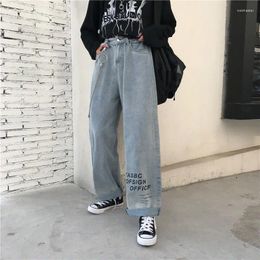 Women's Jeans Korean Fashion Washed Letter Print High Waist Loose Everything Match Straight Wide Leg Trousers For Men And Women 5XL