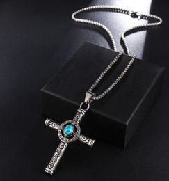 Fashion- Natural Black Blue Turquoises Pendant Necklace Men Vintage Stainless Steel Religious Jesus Crucifix Male Jewelry5833798