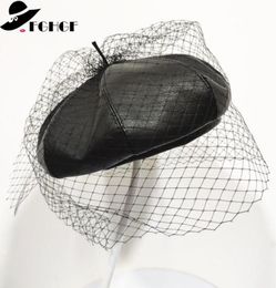 2020 New Fascinating Black Winter Hat Chic Leather French Beret with Veil Mesh Show Fashion Double Layer Women Beret Beanies Cap8751309