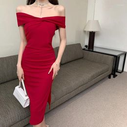 Casual Dresses Summer Sexy Slash Neck Midi Birthday Dress Girls Hollow Out Back Slim Bodycon Long Split For Women