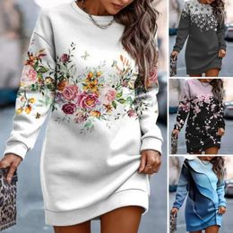 Casual Dresses Mini Dress Flower Print Sweartshirt For Women Round Neck Long Sleeve Pullover Thick Warm Mid Length Elastic Cuff Lady