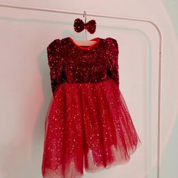 Girl Dresses Sequin Baby Girls Party With Hairpin Long Sleeve Kids Winter Princess Drsess 3-8 Yrs Red Christmas Year Dress