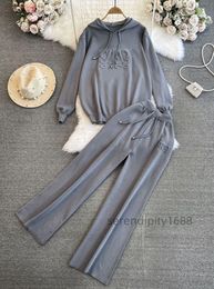 Designer fashion set women's Korean version of loose knit hoodie two-piece set of casual high-waisted slimming straight leg wide pants