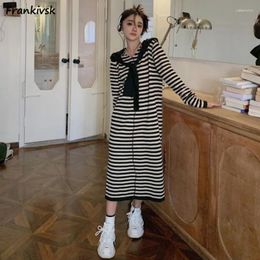 Casual Dresses Striped Women Leisure Knitwear Korean Style Loose Home Spliced Slit-design Long Sleeve Schoolgirls Daily Stylish Autumn