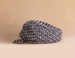 2019 New Women Winter Hat Brass Buttons Decoration Flat Top Beret Caps Octagonal Hat Female Plaid Tweed Newsboy Caps8052883