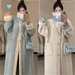 Women's Fur Double-sided Suede Lambswool Outwear Women Winter 2024 Thick Warm Big Pocket One Long Over-the-knee Coat Lady