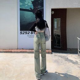 Women's Jeans Bottoms High Street Baggy Vintage Straight American Style Waist Green Multiple Pockets Autumn Trousers