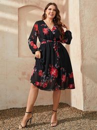 Plus Size Dresses Chic Floral Print V Neck Midi Belted Dress Women Casual Clothing Black Long Sleeve Party Elegant Vintage