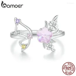 Cluster Rings Bamoer 925 Sterling Silver Sweet Pink Flower Opening Ring Zircon Butterfly Adjustable For Women Romantic Birthday Gift