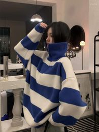 Women's Sweaters Korean Style Striped Long Sleeved Sweater Autumn And Winter 2024 Loose Polo Collar Medium Length Knitted Pullover