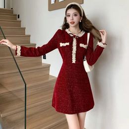 Casual Dresses Christmas Temperament Lace Patchwork A-line Dress Women Fashion Sweet Cool Up Slim Fragrance Gentle Thick Winter Lady Wear