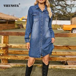 Casual Dresses Fashionable Washed Denim Elegant Pretty Womens Loose Fitting Style Long Sleeved Dress With Adjustable Buttons