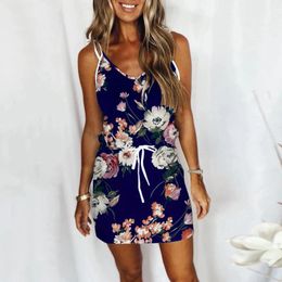 Casual Dresses Women Sexy Summer V Neck Drawstring Dress Suit Floral Swing Sling Strap Fit And Flare White For