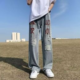 American Street Niche Distressed Jeans with Letter Print Hip-hop High Street Loose Casual Pants for Men