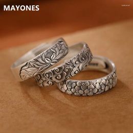 Cluster Rings MAYONES Real S999 Pure Silver Jewellery Distressed Matte Retro Auspicious Cloud/Plum/Lotus Chinese Style Women's Open Ring