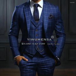 Men's Suits Vintage Business Men Navy Striped Plaid Checked Jacket Vest Pants 3 Pieces Prom Blazer Custom Made Groom Wedding Tuxedos