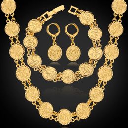 Dubai Gold Color Smycken sätter halsbandsarmbandörhängen för kvinnor etnisk islamisk religion mynt muslimsk uppsättning bröllop smycken 240410