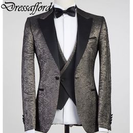 Gray 3D Jacquard Weave Men Suits Three Pieces Formal Party Blazer Groom Wear ( Jacket + Vest + Pants )