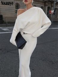 Casual Dresses One Shoulder Long Sleeve Elegant And Beautiful Women Dress 2024 Winter Club Party Evening White Slim Maxi