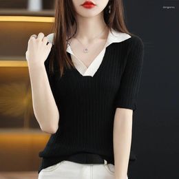 Women's Polos T-shirt Woman Black Tops Short Sleeve Tee Clothing Polo Neck Shirts For Women White Knit Cute Summer 2024 Polyester Luxury