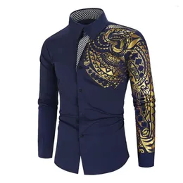 Men's Dress Shirts Fashion Gold Printed Button Down Men Casual Prom Party Shirt Mens Clothing