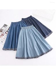 Skirts 2024 Spring Summer Vintage Elastic Waist Slim Hem Tassel Solid Denim Skirt Mid Length