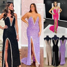 Sequin Strapless Formal Party Dress Slit Crystal V-Neck Column Celebrity Lady Pageant Prom Evening Event Special Occasion Hoco Gala Cocktail Red Carpet Runway Gown