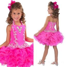 Halter Organza Pageant Glitz Girl's With Flowers Princess Backless Short Mini Crystal Ball Gowns Cup Cake Kid Dresses Rgb212