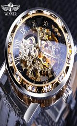 Winner Black Golden Retro Luminous Hands Fashion Diamond Display Mens Mechanical Skeleton Wrist Watches Top Brand Luxury Clock329L3428389