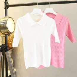 Women's T Shirts Summer Fashion Simple Solid Colour Slim Knit Lapel Short Sleeve Jacket