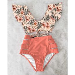 High Waist Ruffled Sexy Bikini Set Flounce Biquini Swimwear Women Two Pieces Swimsuit Floral Beachwear V-Neck Bathing Suit 240409