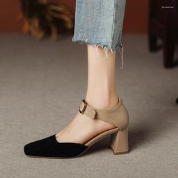 Dress Shoes Big Size Oversize Large Square Toes Thick Heel Pumps Women Metal Buckle Simple And Elegant Comfortable