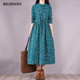 Casual Dresses 2024 Long Sleeve Cotton Linen Vintage Floral Printed For Women Loose Spring Autumn Midi Dress Elegant Clothing