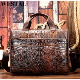 WESTAL bag for mens briefcase genuine leather office satchel pattern portable tote document bags 5555 240418