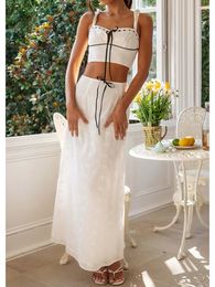 Women Summer Two Piece Skirt Outfit Sleeveless Front Tie Up Cami Tops and High Waist Zipper Long Set 240418