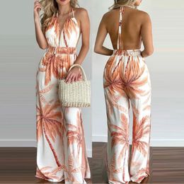 Women Vintgae Boho Floral Print Jumpsuits Sleeveless Vneck Halter Backless Slit WideLeg Jumpsuit Summer Tropical Long Playsuit 240423