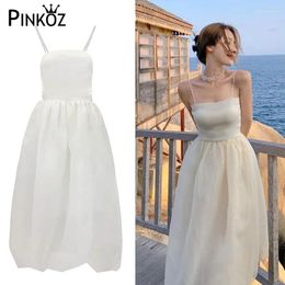 Casual Dresses Pinkoz Lady White Midi Dress Mesh Holiday Party Birthday Dinner Camisole High Waist Slim Women Fashion French