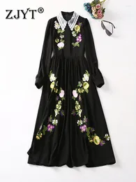 Casual Dresses ZJYT Floral Embroidery Long Black For Women 2024 Runway Designer Spring Full Sleeve Vestidos Elegant Party Holiday Robe