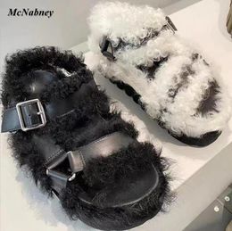 Dress Shoes Fashion Ladies Platform Thick Sole Short Plush Sandals Buckle Strap Multicolor Flat Slippers Comfortable Causal Women Fur