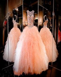2017 Rhinestone Crystals Blush Pink Quinceanera Dresses Sheer Jewel Sweet 16 Pageant Dress Ruffles Skirt Princess Prom Ball Gowns5921131