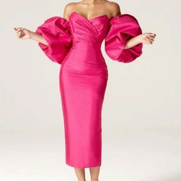 Prom Tea Elegant Fuchsia Length Dresses Sheath Off The Shoulder Puff Sleeve Formal Evening Gowns Simple Satin Tail Party Special Ocn Dress Women Robes