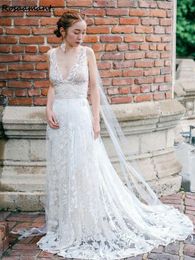 Elegant Illusion V-Neck Ribbons A-Line Wedding Dresses Sleeveless Floral Appliques Lace Bridal Gowns Robe De Mariee