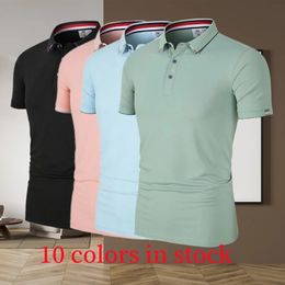 Mens Polo Shirt Solid Color Short Sleeve TShirt High End Business Casual Wear Comfortable Fabric Breathable Summer Top 240426