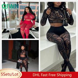 Women's Two Piece Pants 5Sets Bulk Wholesale Set Women Long Sleeve Crop Tops Leggings Sexy Sheer Hollow Out Clubwear Outfits 10719