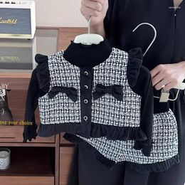 Clothing Sets Spring Autumn Girls 2 Pcs Set Toddler Vest Shorts Kids Suit Baby Brand Clothes Children Fashion Grid Bow Ruched 1-6Y