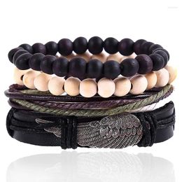 Charm Bracelets 4pcs/set Hippie Punk Wing Black Leather Brown Green Cord Knots Wrap Beige Wood Bead Bangles For Man Hand Jewellery