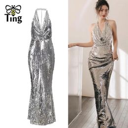 Casual Dresses Tingfly Designer Fashion Sexy Open Back Glitter Shinny Sequined Slim Fit Bodycon Party Night Lady Clubwear Robes